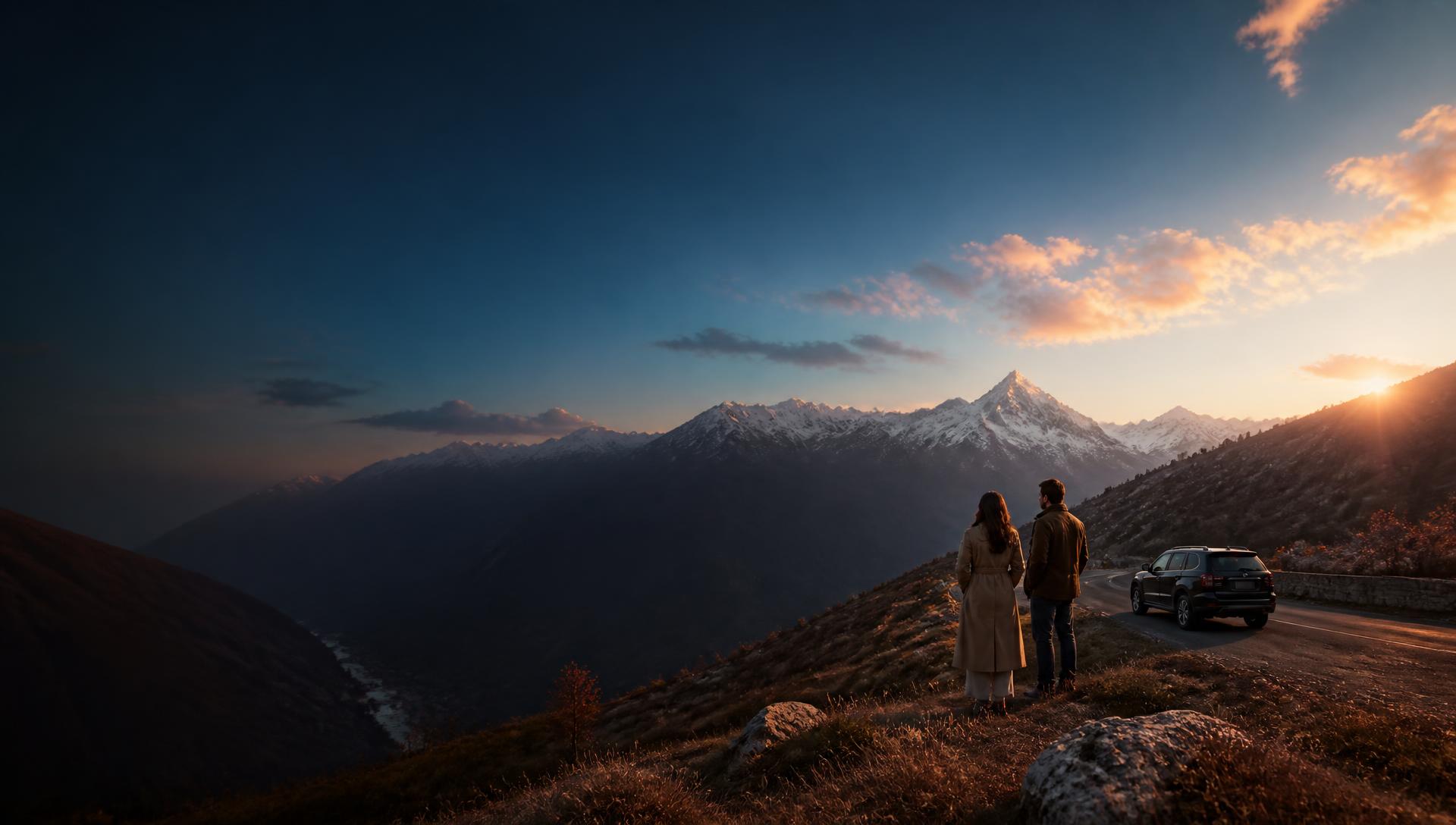 Travelers overlooking a Himalayan mountain road at sunrise